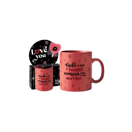 Caneca 330ml vermelha "Tudo o que é bonito começa com o teu sorriso" LOVELY STORY