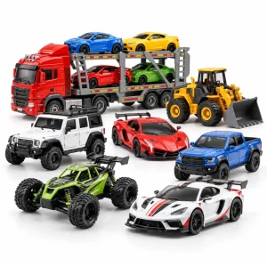 Carros e veículos de brinquedo de diferentes estilos