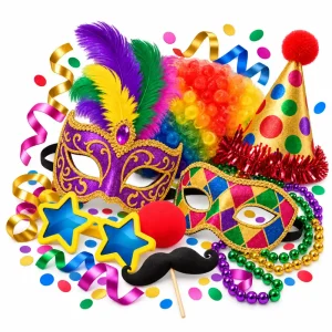 Máscaras, adereços e acessórios coloridos de Carnaval