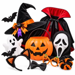 Disfarces e acessórios de Halloween com chapéu, máscara e abóbora