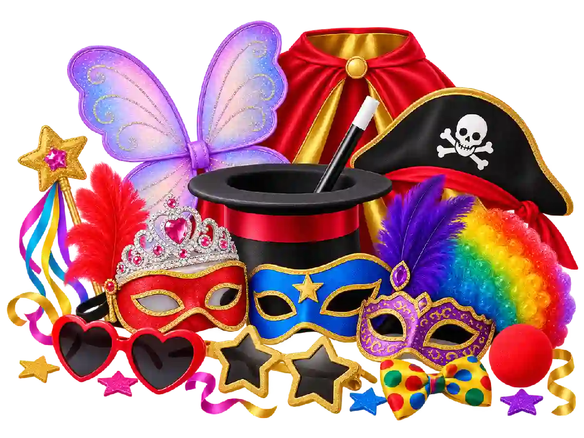 Acessórios de disfarce e fantasia com artigos coloridos para festas e eventos temáticos